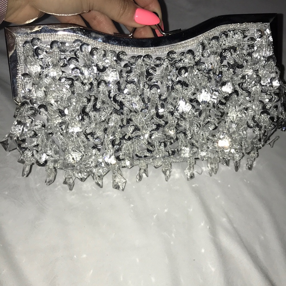 Silver Clutch w/ Clear Hanging Jewels